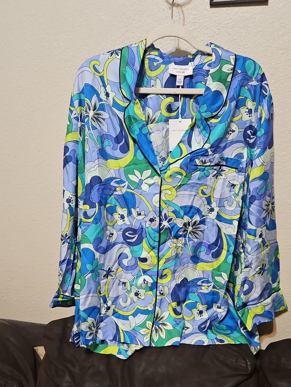 Free Assembly Blue-Green Floral 100% Silk Pajama Top